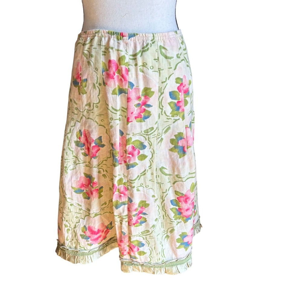 J. Jill Linen Midi Skirt Pink Floral Sage Green Pleated Ruffle Hem Womens XS